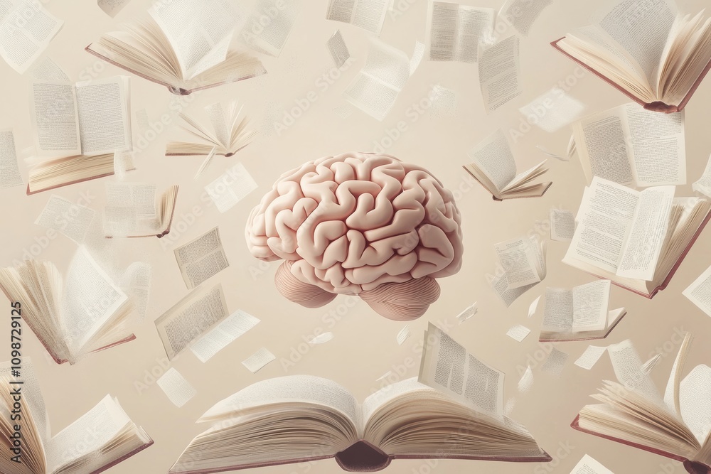 Poster a brain is at the center, enveloped by open books and fluttering pages, representing the pursuit of 