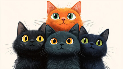 Ilustración de cuatro gatos con ojos grandes y expresivos