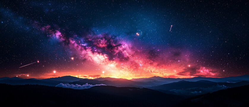 Illustration photor&eacute;aliste d'un ciel nocturne &eacute;toil&eacute; avec Voie Lact&eacute;e et n&eacute;buleuses color&eacute;es
