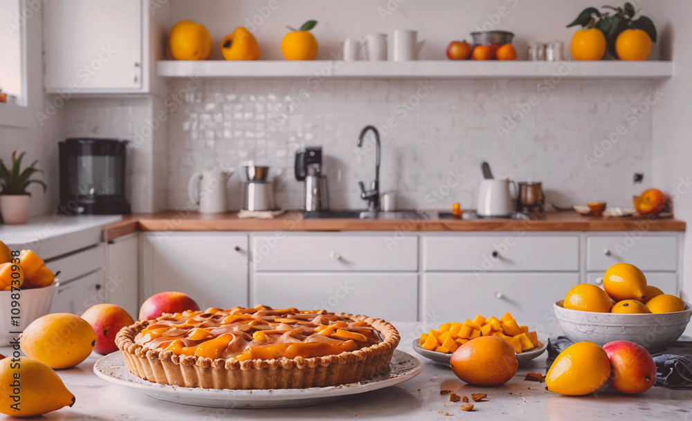 Poster a kitchen counter with a pie and a bowl of fruit. the pie is a peach pie and the fruit is a bowl of 