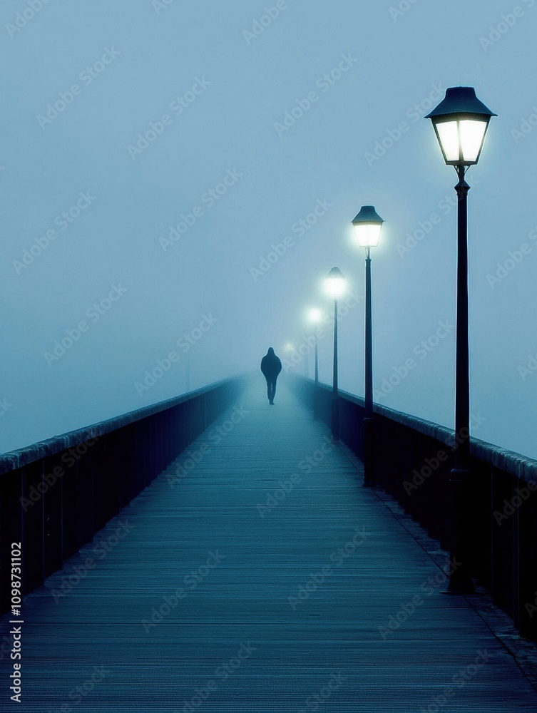 Poster a lone person walks along a long bridge, surrounded by soft light from street lamps and thick fog, c
