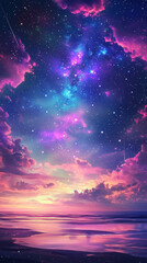 Illustration photor&eacute;aliste d'un ciel nocturne &eacute;toil&eacute; avec Voie Lact&eacute;e et n&eacute;buleuses color&eacute;es