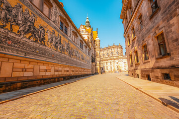 Fürstenzug near Hausmannsturm Dresden Castle (Residenzschloss). Dresden, Saxony, Germany.
