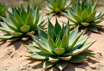 Fototapeta premium Green succulent plants thrive in arid landscape under bright sun in a natural setting