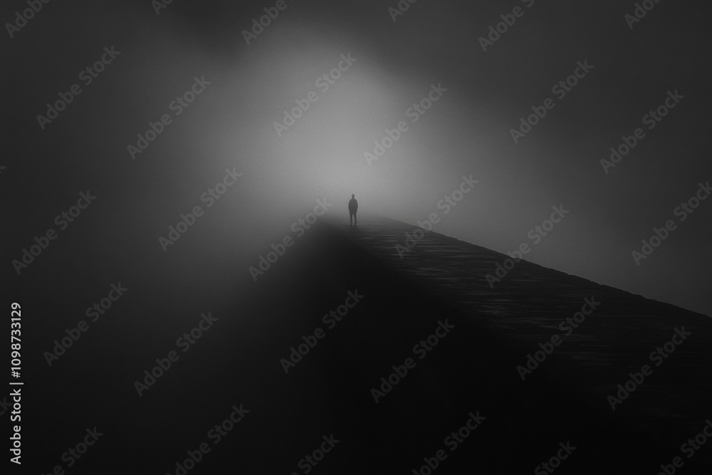 Fototapete A lone person walks along an empty, dimly lit bridge enveloped in fog at dusk, creating an atmosphere of solitude and isolation. Generative AI