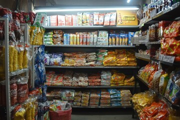 Fototapeta premium Vibrant Selection of Snacks and Soft Drinks Inside a Convenience Store for Sale