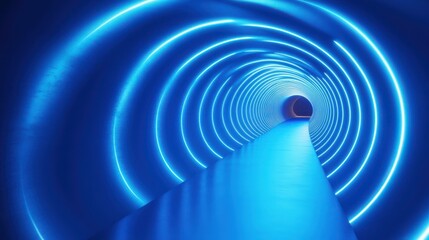 Naklejka premium Animated and abstract tunnel, corridor with rays of light and new highlights. Blue background with neon. Scene with rays and lines, night view, round arch, light in motion.