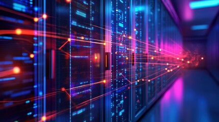 Abstract futuristic technology background. Lines of network, big data, data center, server, internet, speed, neon lights.
