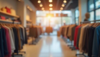 In a contemporary clothing store, racks display an assortment of fashionable apparel. The bright lighting enhances the inviting atmosphere, making it ideal for shoppers to explore. Bokeh. Generate AI