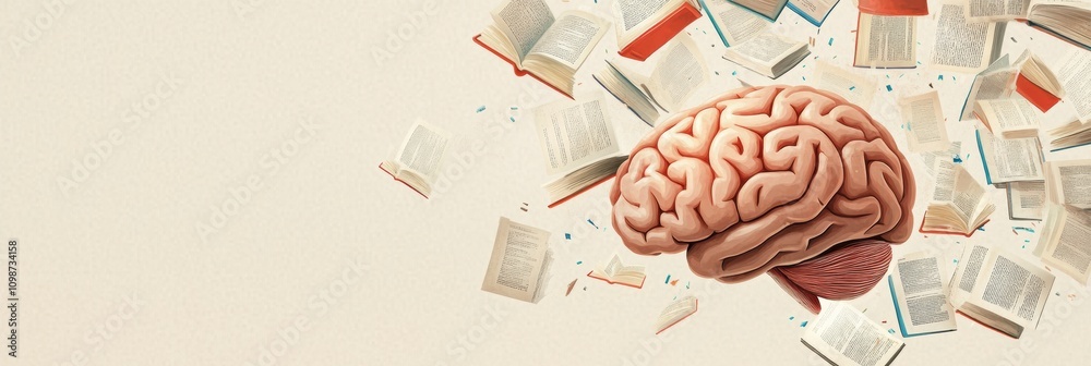 Poster a brain is depicted amidst a flurry of open books and flying pages, symbolizing the pursuit of knowl