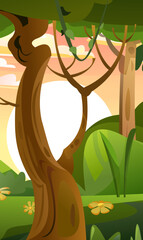Sun in summer forest. View of trees. Scenery Landscape. Fun cartoon style. Vector