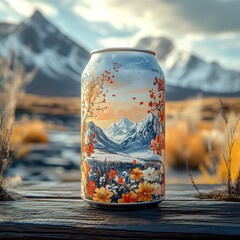 A beverage can showcases a stunning illustration of mountains and blooming flowers, nestled on a wooden surface with a majestic landscape in the background during golden hour