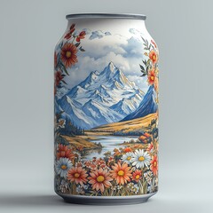 This decorative can features an intricate design of colorful flowers and a serene mountain landscape, reflecting nature's beauty and creativity