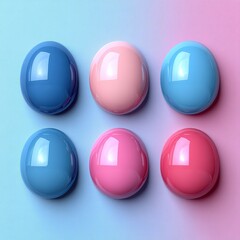Six glossy, smooth eggs in shades of blue, pink, and purple are arranged in two rows on a vibrant gradient background. The colors reflect softly under light, creating a playful ambiance