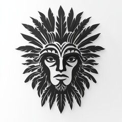 Fototapeta premium This artwork showcases a striking tribal face design in black and white, featuring detailed facial features and a feathered headdress. The piece adds a dramatic touch to any space