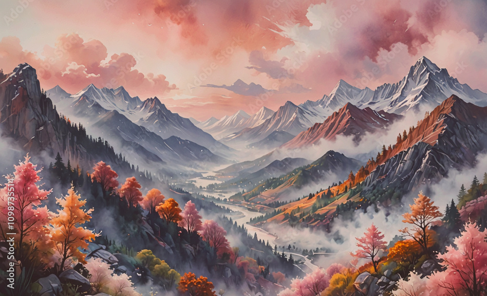 Poster A mountain range with a river running through it. The mountains are covered in snow and the sky is pink and orange. The scene is peaceful and serene, with the mountains