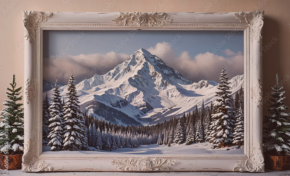 Aufkleber a framed painting of a snowy mountain landscape with pine trees. the painting is framed in a white f
