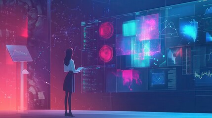 Data science illustration. Querying, analyzing, and visualizing complex information. Neural networks for stock. Business analytics.