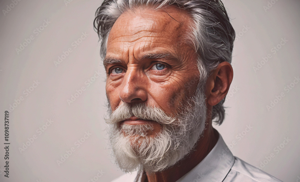 Poster a man with a white shirt and a beard is looking at the camera. he has a serious expression on his fa