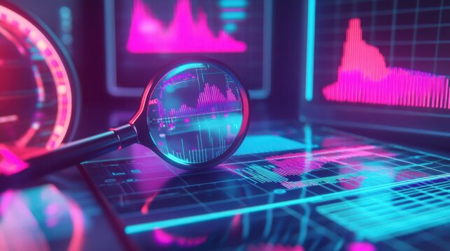 Detecting data anomalies; search engine optimisation or SEO. Magnifiers, charts, graphs, UV-neon screens. Generative stock.