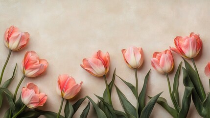 Beautiful aesthetic tulip flowers on neutral beige background top view. Floral creative art layout.