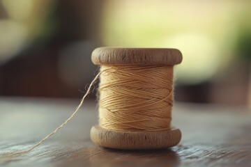 Spool of yellow thread rests on wooden surface in softly lit setting showcasing textile craft