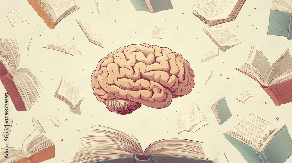 Poster a brain is central to a flurry of open books and fluttering pages, embodying the essence of knowledg