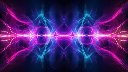 Naklejka premium abstract panoramic background, neon light, laser show, impulse, equalizer chart, ultraviolet spectrum, pulse power lines, quantum energy impulse, pink blue violet glowing dynamic lines