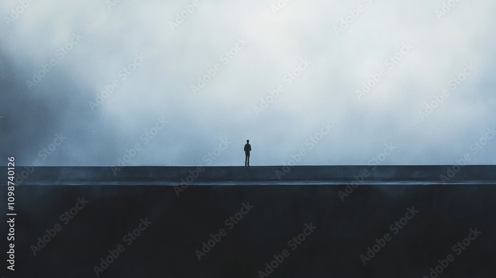 Fototapete a lone individual stands at one end of a deserted bridge, surrounded by an expansive mist and an ove