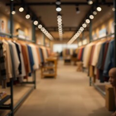 Obraz premium In a contemporary clothing store, racks display an assortment of fashionable apparel. The bright lighting enhances the inviting atmosphere, making it ideal for shoppers to explore. Bokeh. Generate AI