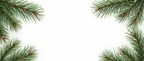 Elegant Christmas Border with Pine Branches and Ornaments on White Background