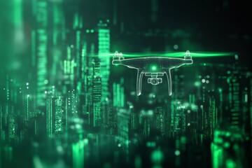 Fototapeta premium Wireframe drone flying over a futuristic city with glowing green digital elements. Advanced urban technology and AI concept