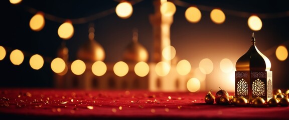 Elegant lantern and festive lights creating warm ambiance against mosque silhouette