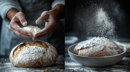 Obraz premium Baker chef man holding bread as homemade cooking on table. Bakery concept and male hands. 