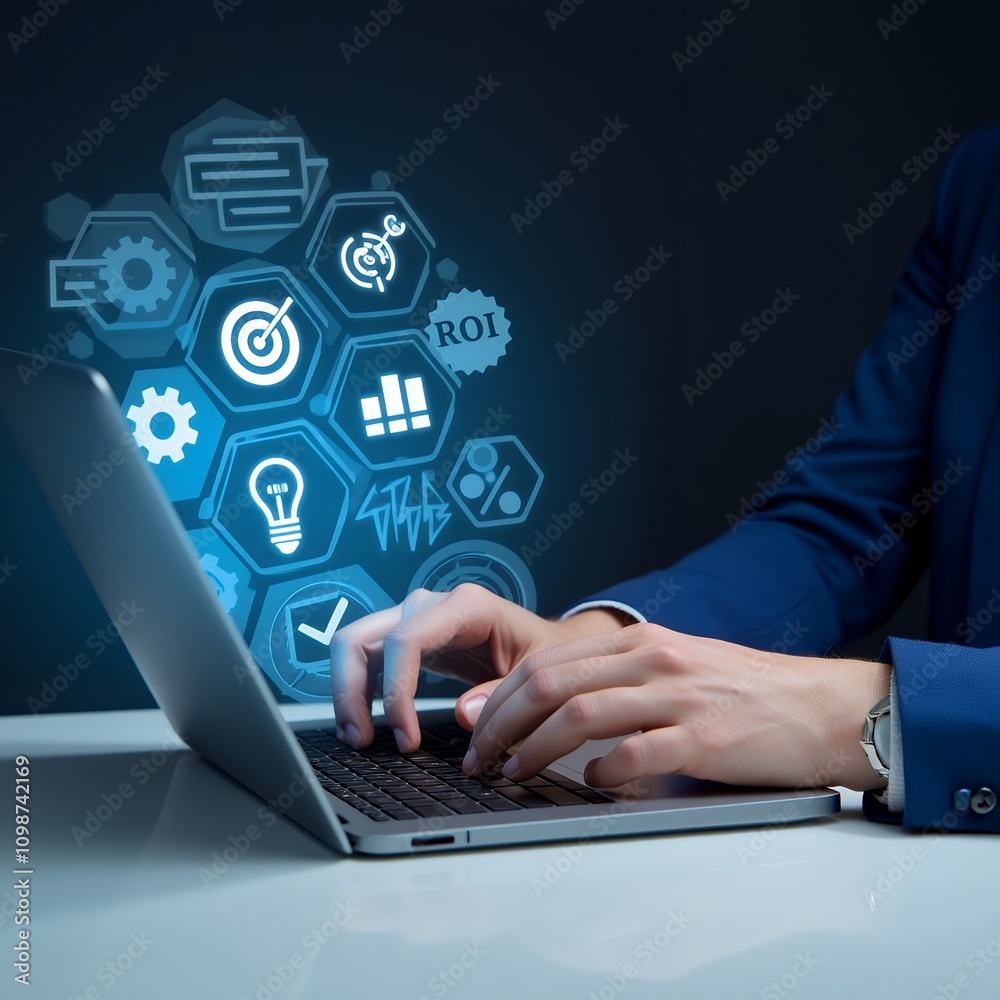 Poster businessman analyzing roi and formulating effective business strategy with digital tools and icons f