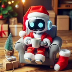 Mini ai robot santa claus drinking coffee on an armchair 