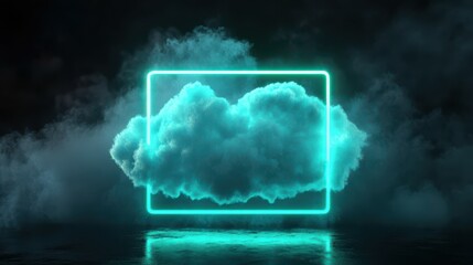 Blue cloud with glowing green neon square frame, isolated on black background. Fantastic wallpaper