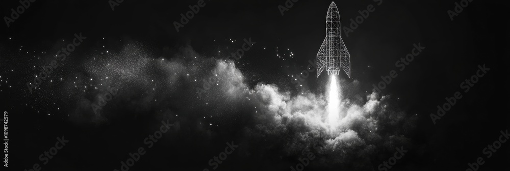 Leinwandbilder a polygonal wireframe rocket launches into the sky, surrounded by swirling clouds and dynamic sparks