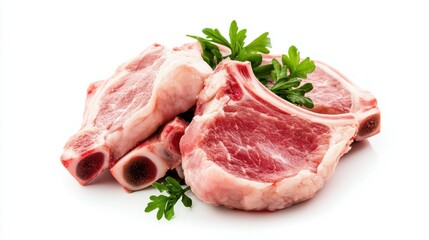 Fototapeta premium fresh raw meat on white background, pork, beef, chop on a bone, clipping path, full depth of field