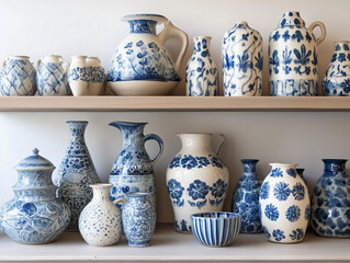 Hand-Painted Ceramics in Mediterranean Blues for Homeware Display