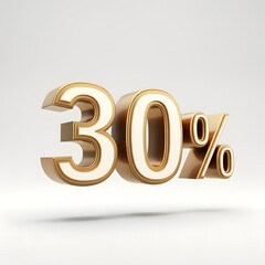 3D bold text showing '30%' in metallic gold, featuring a luxurious finish with subtle rim lighting and a floating shadow, isolated against a pure white solid background. A modern, high-quality promoti