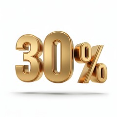 3D bold text showing '30%' in metallic gold, featuring a luxurious finish with subtle rim lighting and a floating shadow, isolated against a pure white solid background. A modern, high-quality promoti