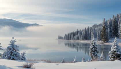 Calm winter lake reflecting snow-covered trees and mountains under a clear sky.