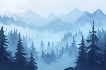 A magical fog filled winter day in a snowy forest during a snowfall.