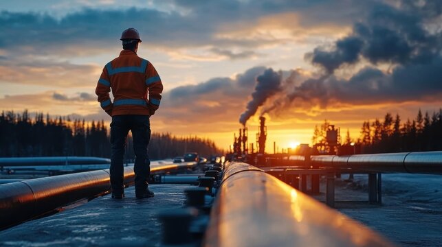 Worker in Safety Gear Overlooking Industrial Pipeline During Sunset with Smokestacks and Trees in Background