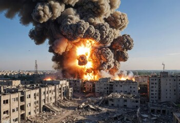 Urban nightscape illuminated by devastating explosions and missile strikes, depicting warfare's destructive impact on residential areas