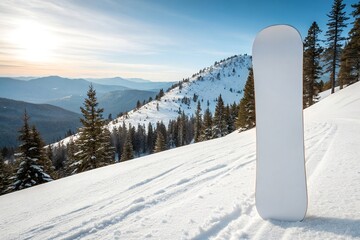 Minimalist snowboard template standing upright on snowy mountain background, ideal for design mockups, travel and hotel advertising.