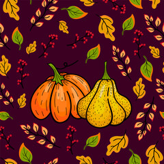 Seamless autumn pattern. Hand drawn yellow and orange pumpkins and bright leaves on dark violet background. Design for Halloween holiday costume, greeting card, banner, party invitation. 