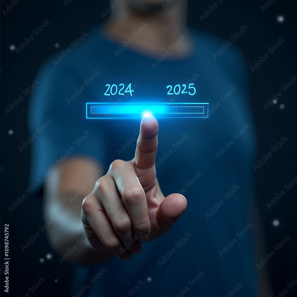 Poster Visual Progress and Transition Concept: A Person Pointing to a Loading Bar Representing the Shift from 2024 to 2025, Highlighting Future Planning and New Year Goals for Business Growth