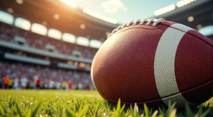 Close-up of an American football resting on grass with a blurred stadium in the background, concept of sports, football matches, and competitions, suitable for rugby big games